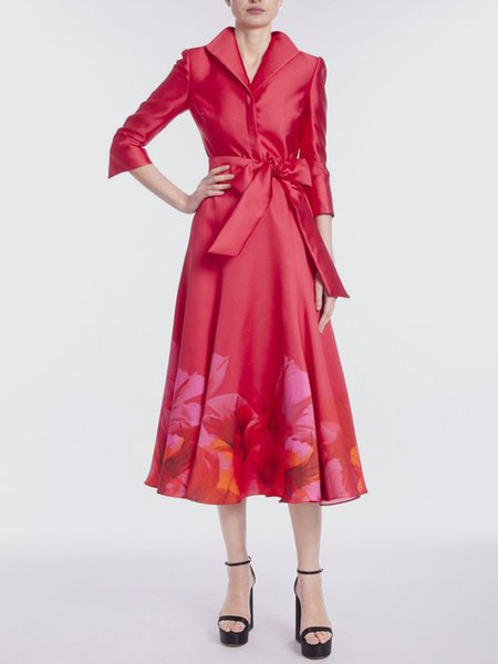 

Elegant Shawl Collar Regular Fit Dress With Belt, Red, Midi Dresses
