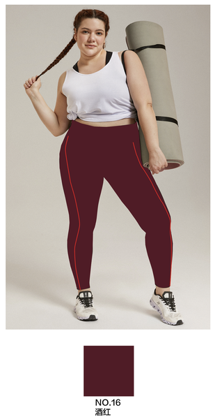 

Sports Color Block Tight Leggings, Wine red, Plus Pants