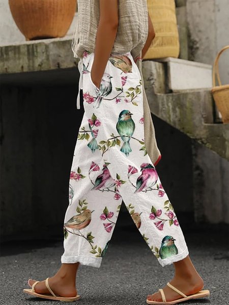 

Bird Casual Pocket Stitching Drawstring Pants, White, Pants