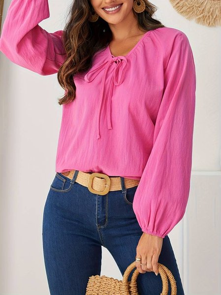 Casual Plain V Neck Loose Shirt, Rose red, Shirts & Blouses