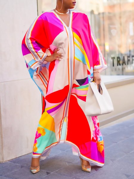 

Vacation Loose V Neck Floral Maxi Dress With No Belt, Deep pink, Maxi Dresses
