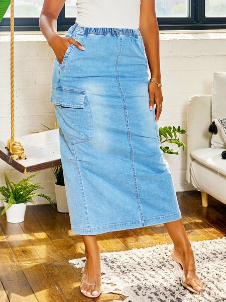 

Plain Cargo Pockets Casual Denim Skirt, Blue, Denim Skirts