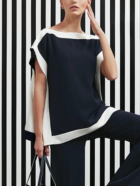 

Boat Neck Color Block Loose Urban Shirt, Black-white, Blouses and Shirts