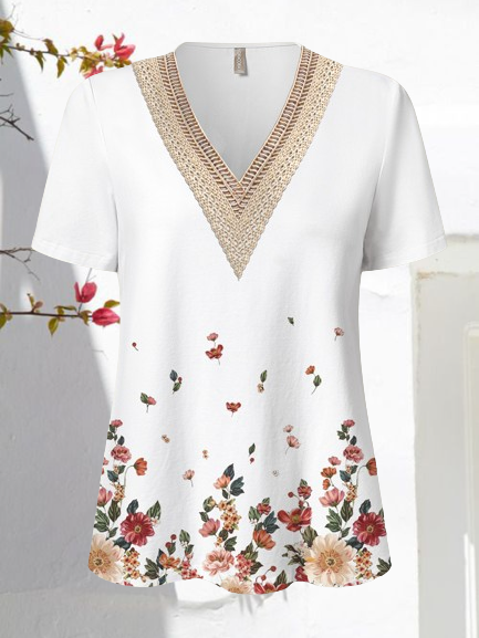 

Casual Floral V Neck Short Sleeve T-shirt, White, T-shirts