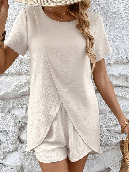 

Casual Plain Cross Crew Neck Two-Piece Set, Khaki, Suit Set