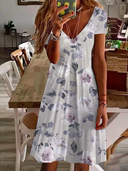 

Casual Regular Fit V Neck Floral Dress, Gray, Dresses