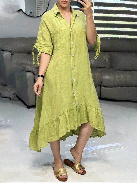 

Plain Shirt Collar Short Sleeve Urban Dress, Green, Midi Dresses
