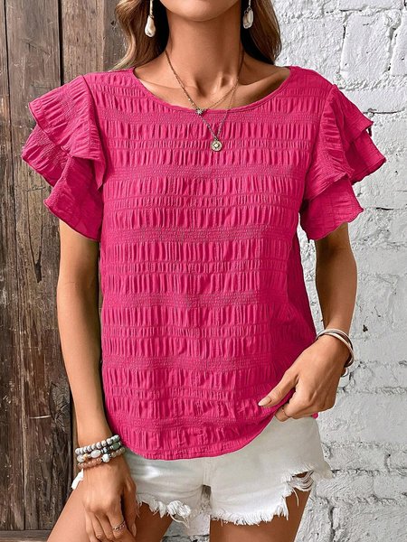 

Crew Neck Cap Sleeve Plain Regular Loose Shirt For Women, Rose red, Blouses