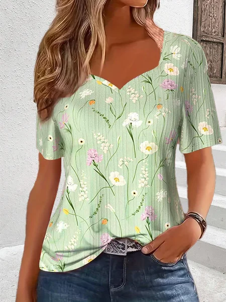 

Loose Floral V Neck Casual T-Shirt, Green, T-Shirts