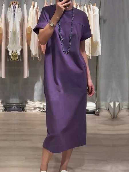 

Daily Loose Plain Casual Crew Neck Short Sleeve Dress, Purple, Midi Dresses