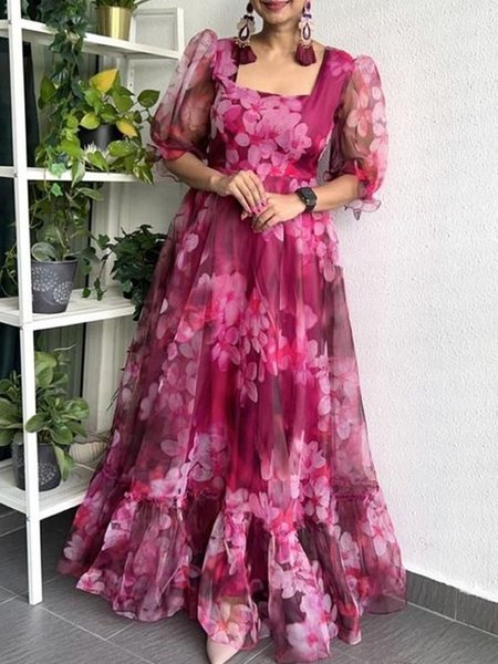 

Elegant Square Neck Floral Loose Dress, Rose red, Maxi Dresses