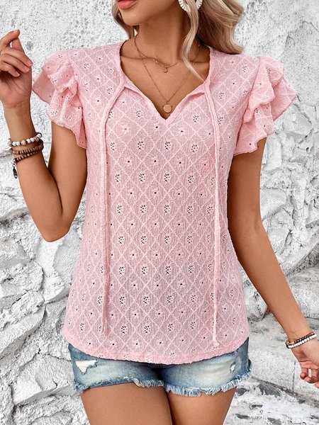 

V Neck Cap Sleeve Plain Regular Loose Shirt For Women, Pink, T-shirts