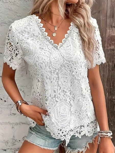 

Elegant Cotton-Blend Lace Shirt, White, Shirts & Blouses