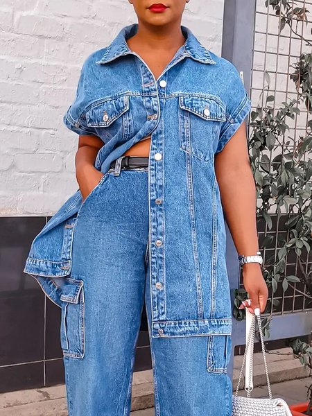 

Plain Regular Fit Urban Denim Blouse, Blue, Denim Tops