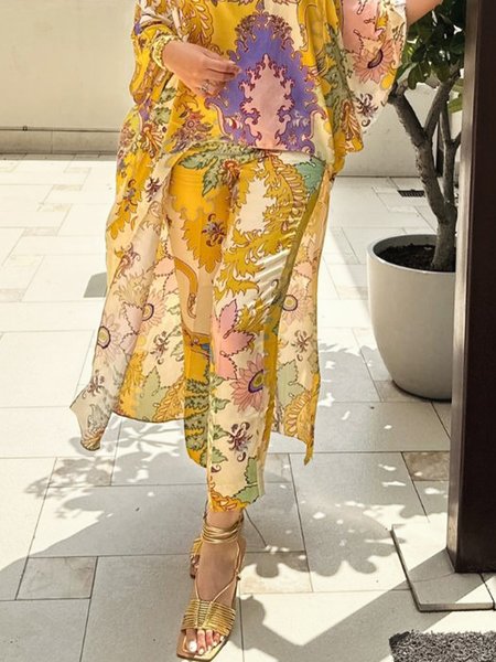 

Floral Regular Fit Vacation Fashion Pants, Yellow, Pants