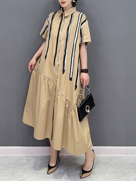 

Striped Urban Regular Fit Shirt Collar Dress, Khaki, Maxi Dresses