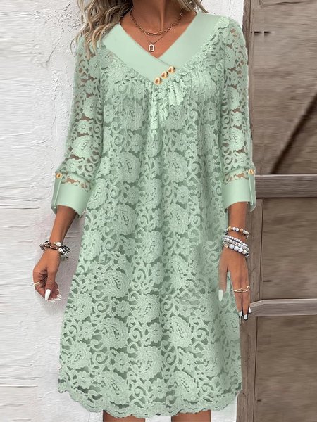 

Lace Elegant Plain V Neck Dress, Green, Dresses