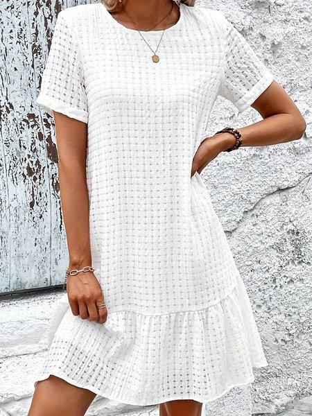 

Elegant Crew Neck Cotton Plain Dress, White, Dresses