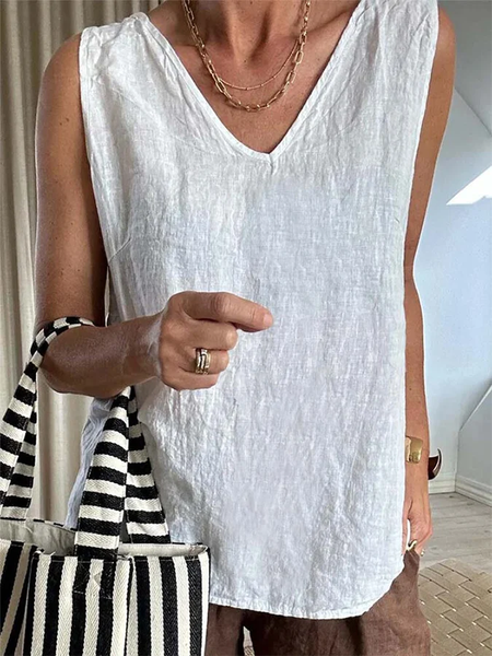 

V Neck Casual Cotton Plain Linen Style Tank Top, White, Tank Tops & Camis
