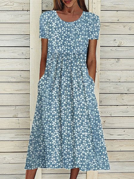 

Crew Neck Small Floral Knitted Casual Dress, Blue, Dresses