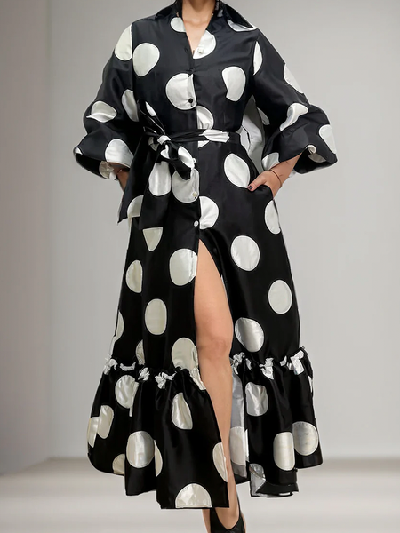 

Loose Elegant Short Sleeve Shirt Collar Maxi Dress With Belt, Black, Maxi Dresses