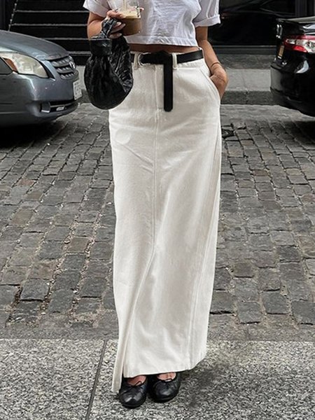

High Waist Pocket Stitching Plain Daily Urban Skirt, White, Skirts