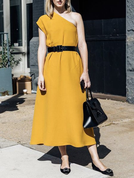

Short Sleeve Regular Fit Plain One Shoulder Urban Dress, Yellow, Midi Dresses