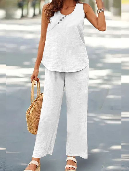 

Crew Neck Cotton Casual Linen Style Two-Piece Set, White, Suits