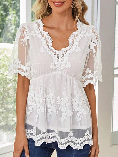 

Lace Plain Elegant Shirt, White, Shirts & Blouses