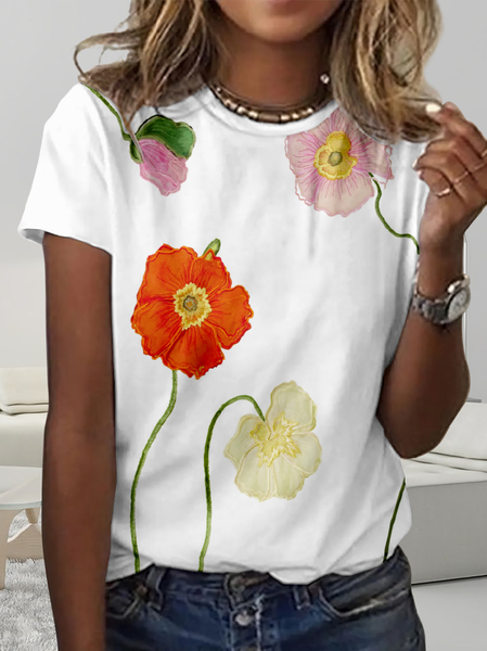 

Regular Fit Simple Crew Neck Floral T-Shirt, White, T-shirts