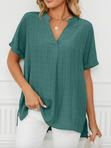

V Neck Loose Plain Shirt, Dark green, Blouses & Shirts