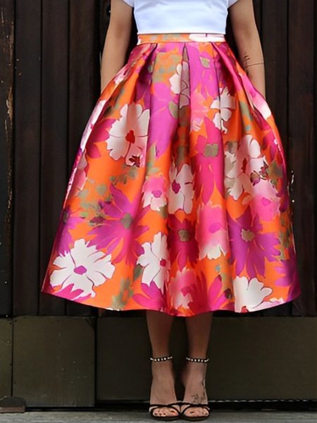 

Elegant High Waist Satin Floral Skirt, Orange, Skirts