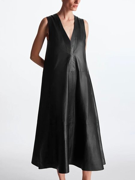 

Urban V Neck Sleeveless Plain Faux Leather Midi Dress With No Belt, Black, Midi Dresses