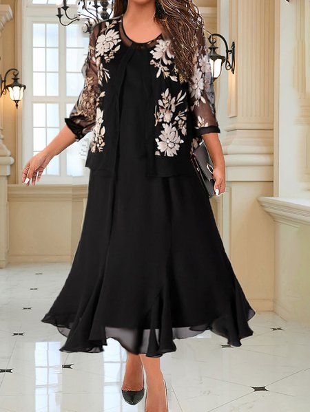 

Elegant Crew Neck Chiffon Two-Piece Set, Black, Dresses