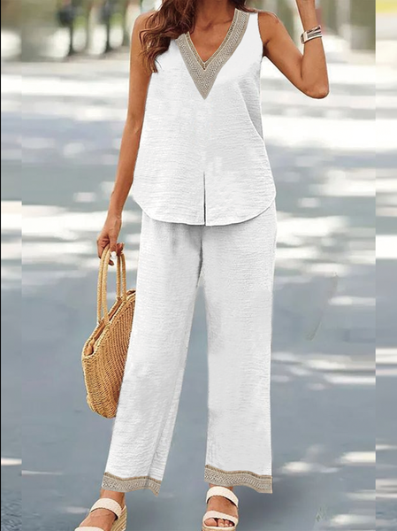 

Casual Plain Linen Style Two-Piece Set, White, Suits
