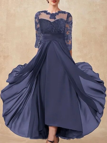 

Women Plain Crew Neck Half Sleeve Comfy Casual Lace Midi Dress, Purplish blue, Dresses