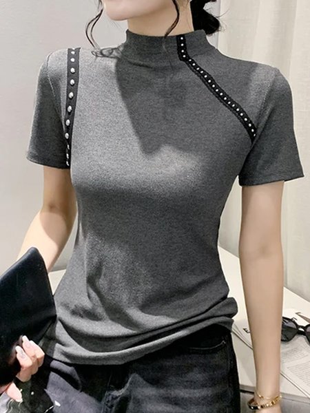

Loose Plain Casual Half Turtleneck T-Shirt, Gray, Tees
