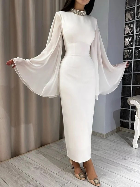 

Regular Fit Plain Elegant Stand Collar Long Sleeve Maxi Dress, Off white, Maxi Dresses