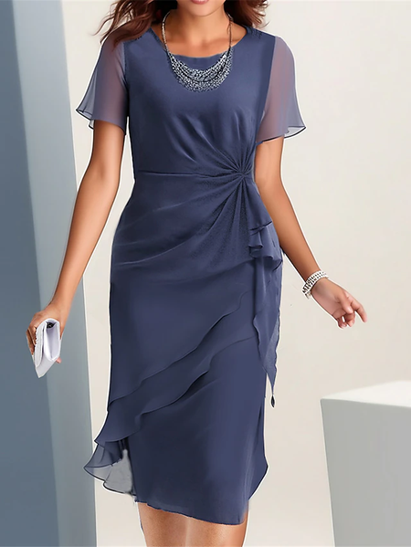 

Elegant Crew Neck Plain Chiffon Dress, Dark blue, Dresses