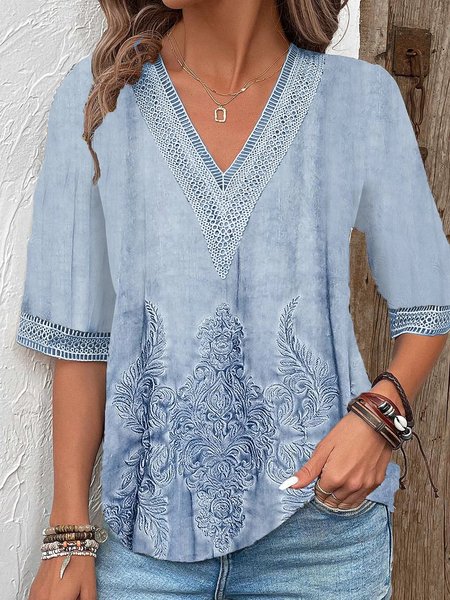 

Plain Casual Loose V Neck Shirt, Blue, Shirts & Blouses