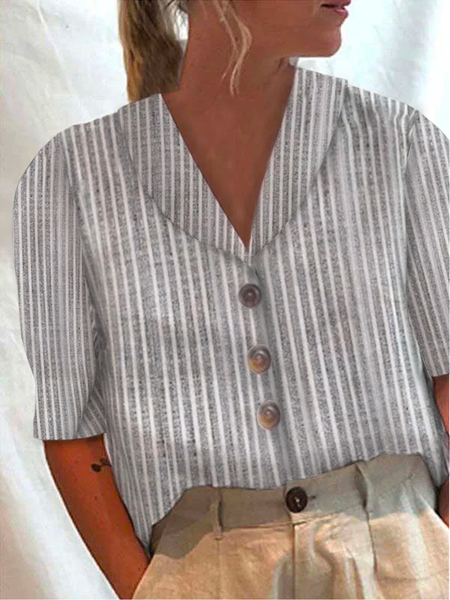 

Striped Casual Shirt Collar Loose Linen Style Blouse, Gray, Blouses & Shirts