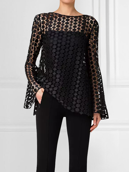 

Elegant Plain Crew Neck Long Sleeve Regular Fit Shirt, Black, Blouses and Shirts