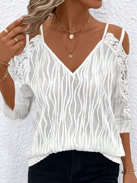 

V Neck Lace Elegant Shirt, White, Shirts & Blouses