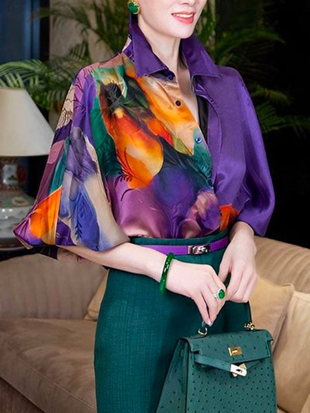 

Shirt Collar Loose Elegant Floral Blouse, Purple, Blouses and Shirts