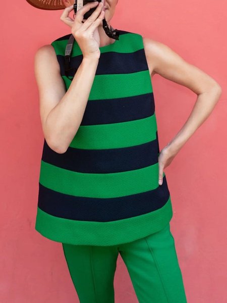 

Casual Daily Crew Neck Sleeveless Striped Shirt, Green, Blouses and Shirts