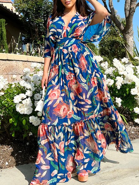 

Vacation Loose V Neck Floral Dress, As picture, Maxi Dresses