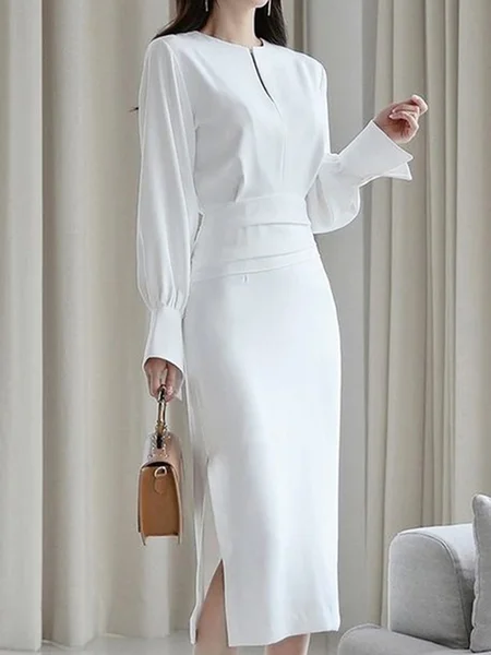 

Urban Plain Loose Notched Neck Dress, White, Midi Dresses