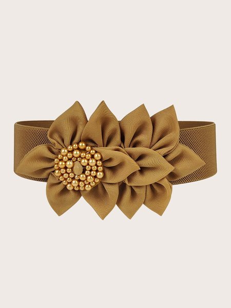 

Elegant Imitation Pearl Beading Floral Elastic Wide Waistband, Brown, Belts