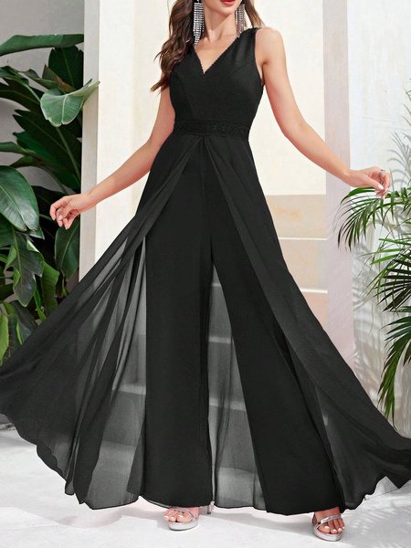 

Women Long Sleeve V Neck Loose Long Daily Casual Plain Natural Jumpsuit, Black, Jumpsuits&Rompers