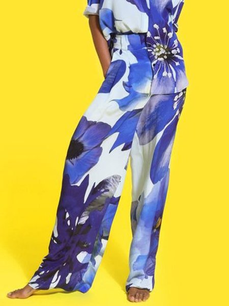 

Floral Vacation Fashion Straight Pants, Blue, Pants